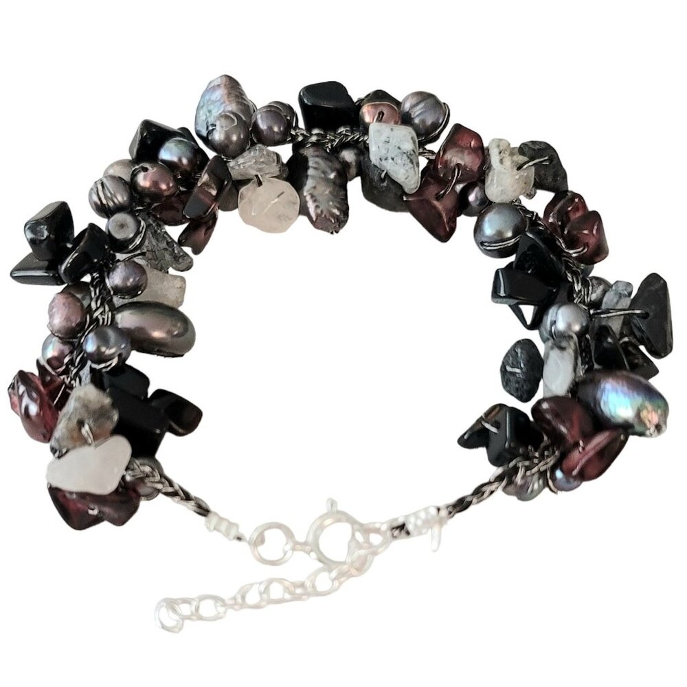Sterling Silver Peacock Baroque Pearl Garnet Quart Cluster Bracelet, 7.5" L E541
